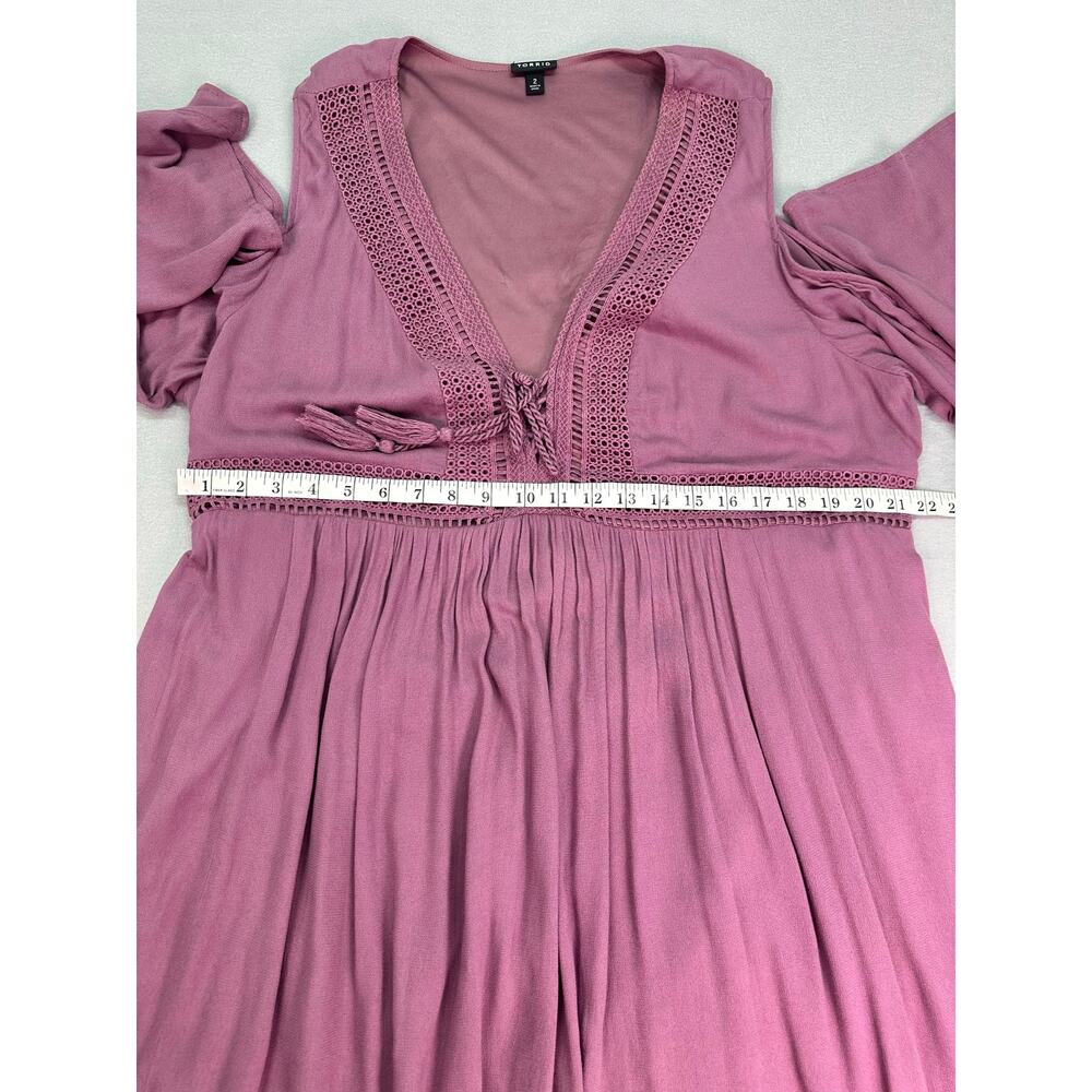 Torrid Mauve Crochet Tassel Tie Cold Shoulder Mini Dress Size 2 Boho - Picture 10 of 11